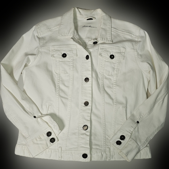 White Edie Bauer White Jean Jacket with Bronze Buttons Stretchy  XL - Picture 11 of 16